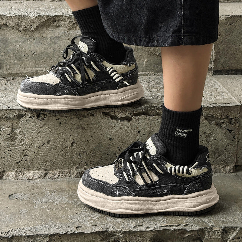 Washed And Dissolved Thick Bottom 7CM Invisible Height Increasing Insole Shoes Men's Sports Casual Borad Shoes